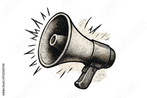 Loudspeaker vector illustration in retro grunge style. Hand-drawn megaphone sketch with halftone texture. Concept for announcement, advertising, promotion, news, and alert.