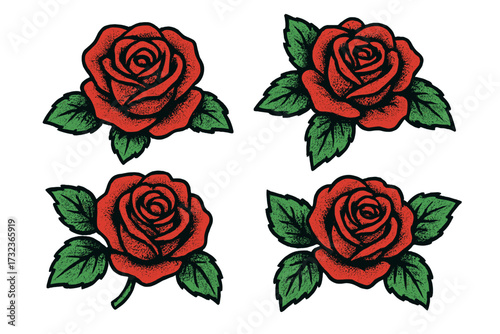 Set of red roses in traditional old school tattoo style. Retro floral elements with vintage grunge halftone dotwork effect. Y2K inspired flower clip art vector illustration.