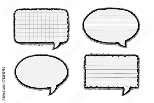 Set of grunge speech bubbles on crumpled paper. Hand drawn dialogue balloons with checkered and lined notebook texture. Sketchy talk box for quote, message or communication.
