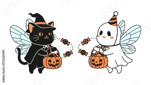 Halloween Spirit: A charming Halloween-themed image features a playful black cat and a friendly ghost, both dressed in whimsical costumes and ready for trick-or-treating. Whimsical Halloween elements.