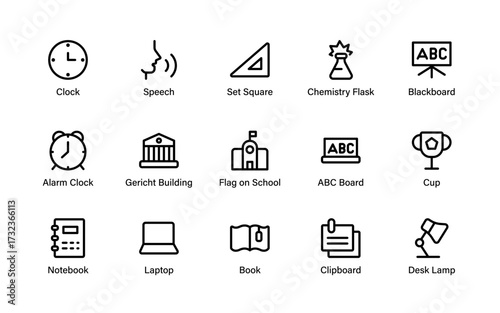 Academic Essentials Icon Set featuring school, learning, and education symbols like books, blackboard, laptop, flask, and teaching tools for versatile design use.