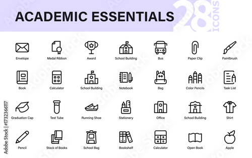 Academic essentials line icon set featuring education, school, stationery, graduation, books, and learning symbols for university and classroom design projects