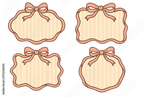 Set of vintage frames with cute bows and ribbon borders. Vector illustration of retro labels. Girly clipart for greeting cards or invitations. Classic striped background design.