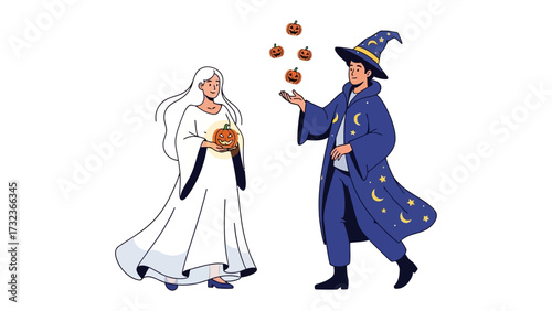 Halloween Scene: A wizard in a starry robe juggles glowing pumpkins while standing next to a ghostly figure holding a pumpkin, creating a whimsical Halloween scene.