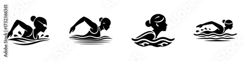 Modern Minimalist Women Practicing Swimming Drills Icon, Flat Silhouette of a Sport Athlete Vector for Aquatic Illustration Design