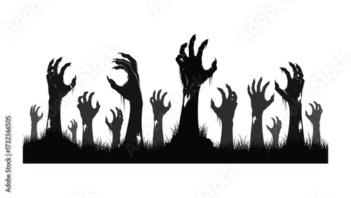Undead Ascent: Spooky silhouette of zombie hands rising from the earth against a pristine background, an eerie illustration perfect for Halloween projects.