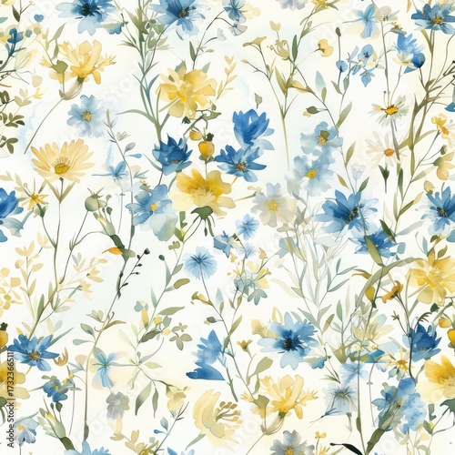 Watercolor flowers pattern. Wild blooms repeat for prints, wallpapers, textiles