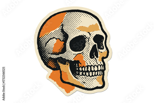 Vintage skull vector in halftone and torn paper collage style. Retro 90s zine aesthetic for Halloween. Mixed media illustration great for stickers, patches, or punk rock designs.