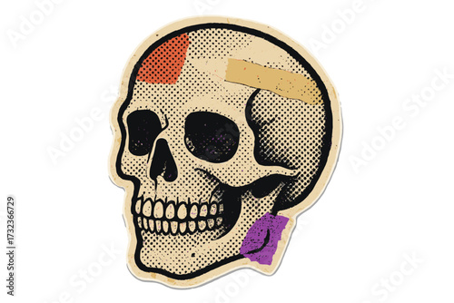 Retro skull collage illustration. Pop art halftone style. Metaphor for head injury, mental health. Anatomy concept for Halloween. Abstract grunge sticker design element. Death.
