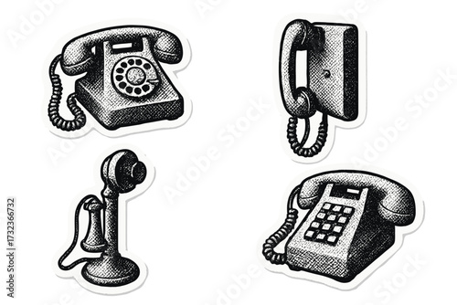 Vintage phone sticker set illustration. Collection of retro telephones including rotary, candlestick, and push-button models. Old communication technology vector icon pack.