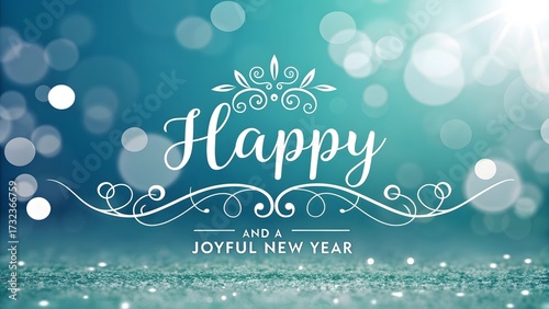 Happy and a Joyful New Year text with decorative swirls and bokeh happy new year greeting