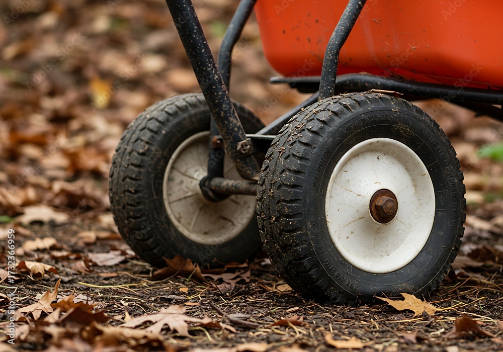 Fototapeta premium Gardening spreader wheels on autumn leaves ready for work