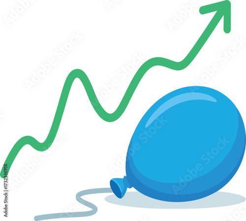 Illustration of a vibrant green upward trending graph alongside a blue balloon.