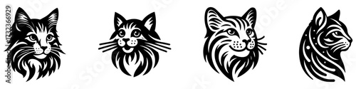 Modern Minimalist American Bobtail Head Three-Quarter View Icon, Flat Silhouette of a Cat Vector for Pet Illustration Design