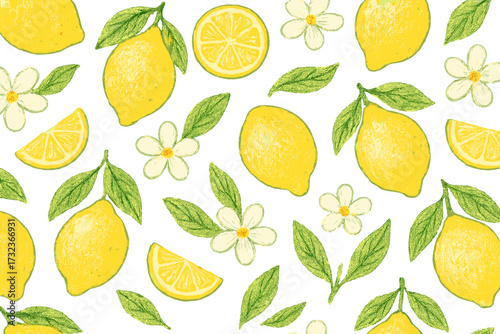 Amalfi summer seamless lemon pattern, hand drawn pencil texture, bright yellow citrus fruits and flowers, lush green leaves, naive Italian design for fashion, fabric, textile, wrapping paper