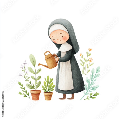 Cute Nun Watering Plants in a Garden.