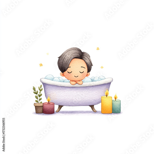 Cute person relaxing in a bubble bath with candles and plants.