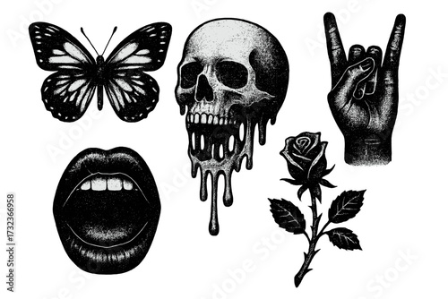 Gothic brutalism design elements set with photocopy grain effect. Y2K grunge objects including melting skull, butterfly, rock hand sign, open mouth, and rose flower tattoo.