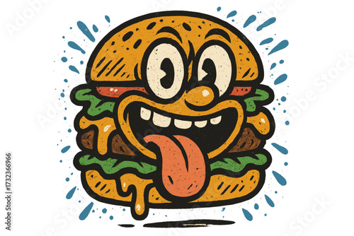 Funny burger cartoon character mascot with a silly face. Urban graffiti street art style. Textured hand drawn vector for fast food, t-shirt, sticker, or apparel merchandise.