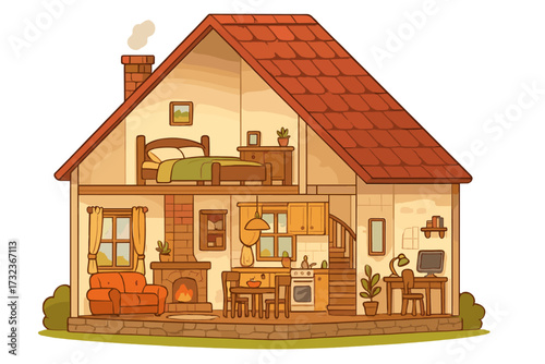 House in cross section. Cozy country home interior in cut view with detailed furniture. Architecture plan with bedroom, living room, kitchen, dining area, and workplace. Vector.