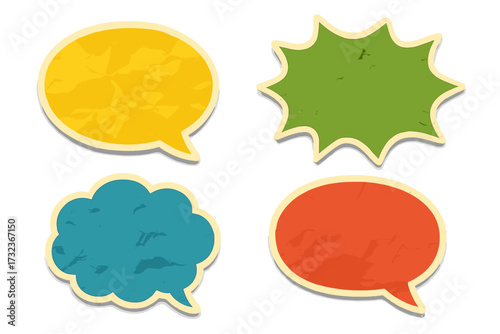 Set of retro speech bubbles with crumpled paper texture. Vintage comic dialogue clouds and colorful message stickers. Empty communication icons for chat or discussion.