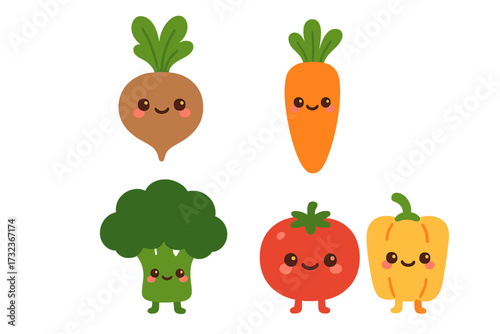 Cute cartoon vegetable characters set. Kawaii food collection with smiling faces. Happy carrot, broccoli, tomato, pepper, beet root. Vector illustration for kids menu, vegan diet.