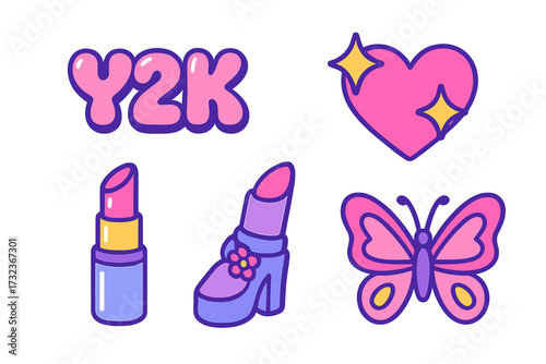 Y2K girly sticker set. Cute 90s retro fashion icons. Glamorous vector illustration pack with lipstick, platform shoe, butterfly and heart. 00s nostalgia graphic design elements.