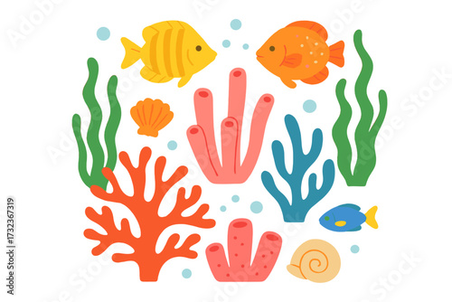 Cute cartoon sea life collection. Underwater ocean world set with tropical fish, coral reef, seaweed, and shells. Flat vector illustration for kids. Marine animal characters.