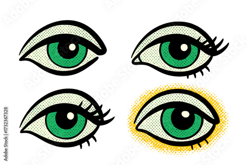 Set of retro 90s comic style green eyes with halftone texture. Vector illustration for trendy collage or pop art design. Cartoon eye shapes collection with eyelashes.