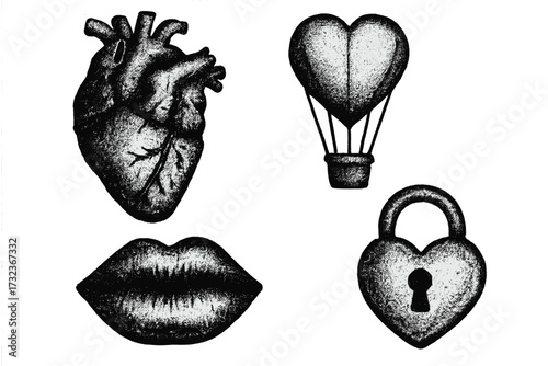 Trendy romantic vintage stippling elements set with human heart, heart-shaped hot air balloon, lips, and heart lock illustration for Valentine's Day concept design