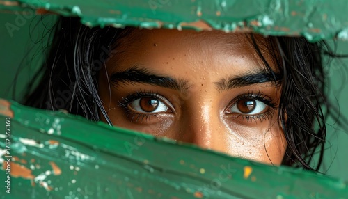Wallpaper Mural Close-up of woman's eyes peeking through weathered green planks Torontodigital.ca