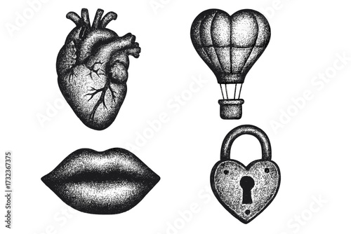 Trendy romantic vintage heart elements set with retro photocopy effect, amazing stippling style human heart, hot air balloon heart, lips and heart-shaped lock, Valentines Day concept, imperfect craft