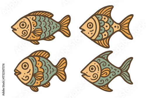 Set of four decorative fish in vintage folk art style. Abstract ocean animal illustration with ornamental patterns. Hand-drawn cartoon doodle for aquatic or marine themes.
