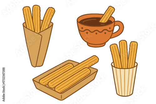 Churros set with hot chocolate dipping sauce. Traditional Mexican or Spanish street food dessert. Fried pastry snack in various packages. Flat hand-drawn vector illustration.