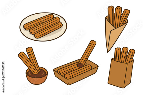 Churros vector illustration set. Traditional Mexican or Spanish street food dessert. Cartoon collection of churros with chocolate dipping sauce in various paper packages.