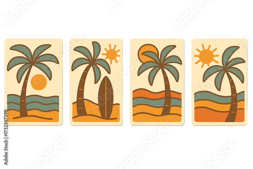 Trendy groovy palm tree beach cards set with sun, sea, surfboard, sunset, summer vacation, tropical club vibes, boho aesthetic, retro naive style vector illustration