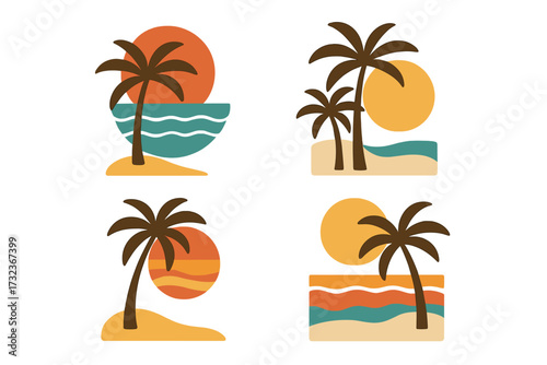 Trendy groovy palm tree beach sunset set, surf club vacation, sunny summer day, boho aesthetic, retro style flat vector illustration, tropical sea background
