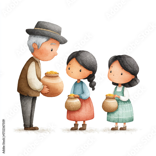 Elderly man giving food to two young girls, illustrating generosity and community spirit.
