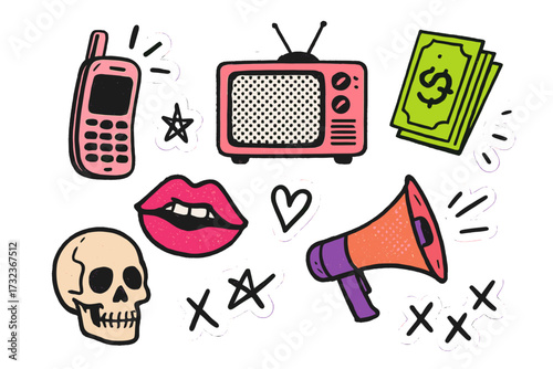 Trendy punk Y2K collage paper sticker set with retro halftone effects and naive doodle elements featuring vintage cell phone, TV, lips, money, skull, megaphone, and expressive symbols