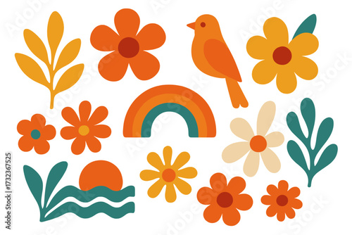 Trendy retro 70s-inspired groovy floral design with Matisse-style summer elements including colorful flowers, leafy shapes, bird, rainbow, sea, and sun, vintage boho vibe