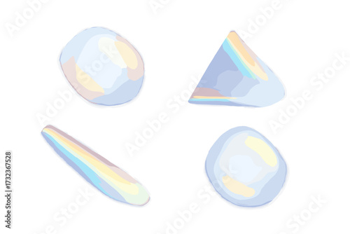 Various colorful reflected sunlight spots with rainbow prism effect, holographic glass light dispersion, crystal flare, and transparent shadow overlay on white background