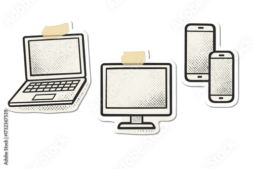 Halftone vector elements set. Laptop, PC monitor, phones paper stickers. Torn paper effect with tape. Devices template for feedback, business coworking, study, comic pop art style.