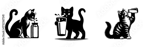 Modern Minimalist American Bobtail Icon, Flat Silhouette of a Cat with Full Body Drinking Milk Vector for Pet Illustration Design