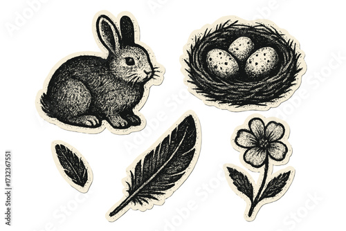 Halftone collage paper stickers set with rabbit, bunny, nest with eggs, feather, and spring flower. Retro grunge punk aesthetic with dotted texture. Vintage y2k vector elements.