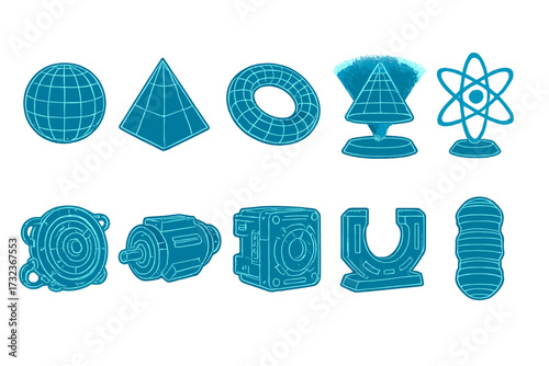 Wireframe 3D geometric shapes set, futuristic holograms and mechanisms, retro cyberpunk engine blueprint, halftone perspective forms, digital technology design