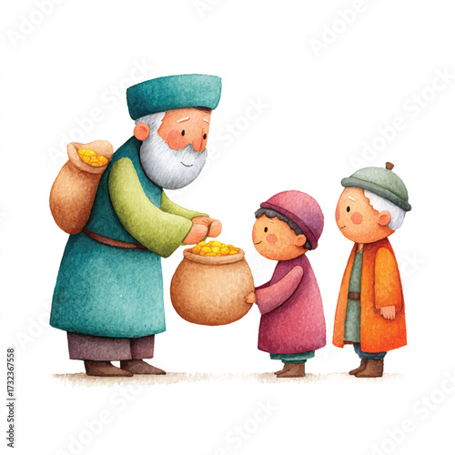 Elderly man giving gold coins to children.