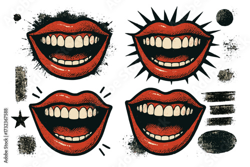 Pop art laughing lips collection. Retro comic mouths with smile expressions. Grunge vector illustration set with halftone texture elements for posters, banners and collages.
