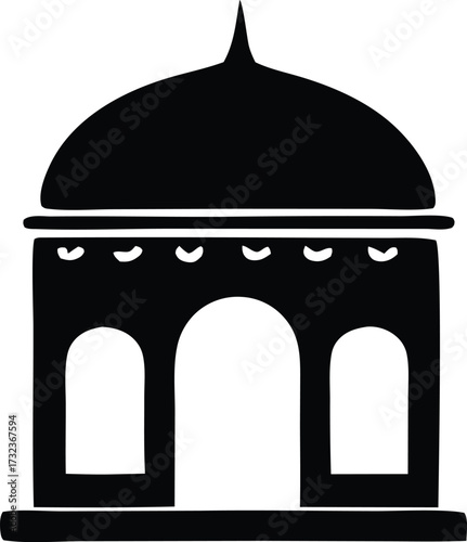 Black silhouette of a traditional gazebo or pavilion with arches and dome roof iconic architectural design element