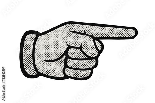 Pointing finger vector illustration. Hand gesture in retro cartoon style with halftone effect. Pop art comic element. Pointer icon for direction, click, or attention. 90s vintage design.