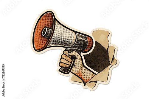 Hand holding megaphone breaking through paper. Retro halftone style for announcement, protest or breaking news. Vintage loudspeaker collage sticker for zine or magazine design.